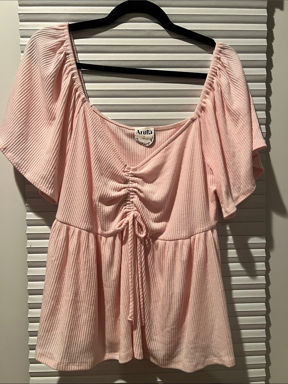 ARULA Blush Ribbed Drawstring Peplum Top - Picture 1 of 6